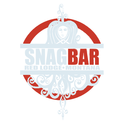 The Snag Bar logo: a red ring around off-white line art of a woman's face and scrollwork, lettered Snag Bar, Red Lodge Montana